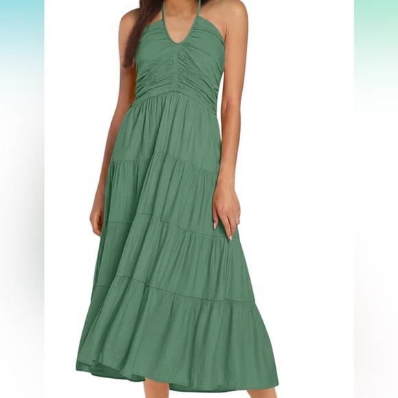 Women’s Summer Halter Midi Dress Sleeveless V Neck Ruffle Sundress - Picture 3 of 3